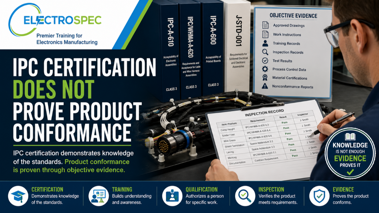 Inspector reviewing IPC requirements and product conformance records for a high-reliability cable and electronic assembly