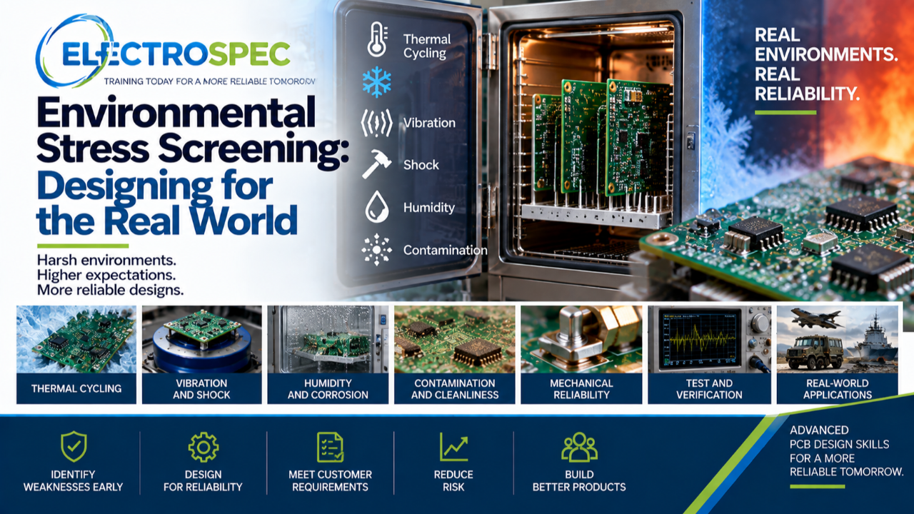 PCB designer reviewing environmental stress screening and qualification requirements including shock, vibration, thermal cycling, humidity, contamination, test data, and reliability