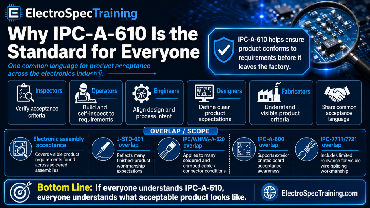 IPC-A-610 certification, IPC-A-610 training, IPC standards, electronics manufacturing training, electronic assembly acceptance, IPC inspector training, IPC operator training, product acceptance criteria, J-STD-001, IPC 620, IPC-A-600, IPC 7711 7721, Class 3 inspection, OJT training