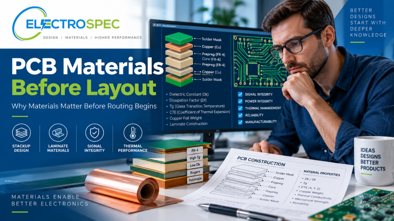 PCB designer reviewing PCB materials, laminates, copper foil, stackup, dielectric properties, fabrication requirements, and reliability before beginning layout