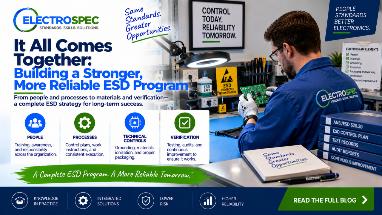 ESD manufacturing assessment with auditor reviewing production floor, ESD workstation, grounding checks, packaging, operator behavior, records, and protected assemblies