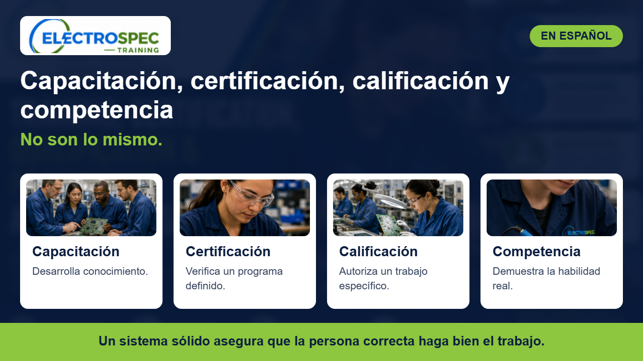 Técnico de arneses demostrando una terminación de cable ante un supervisor de calidad