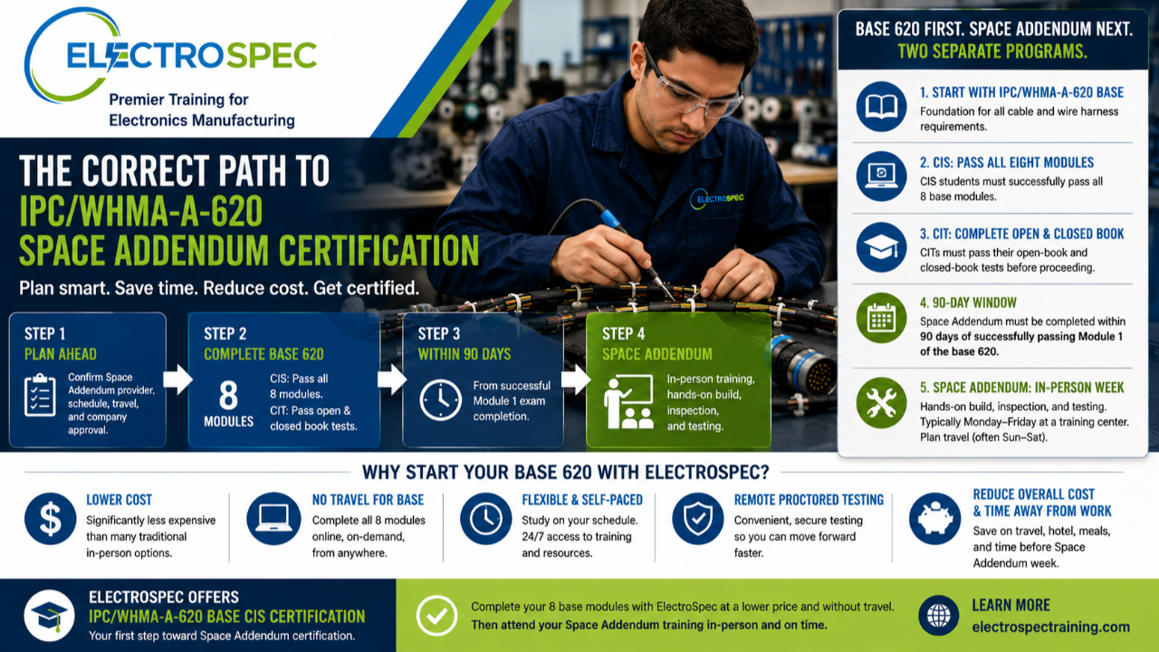 Cable harness student planning IPC/WHMA-A-620 base certification before Space Addendum hands-on training