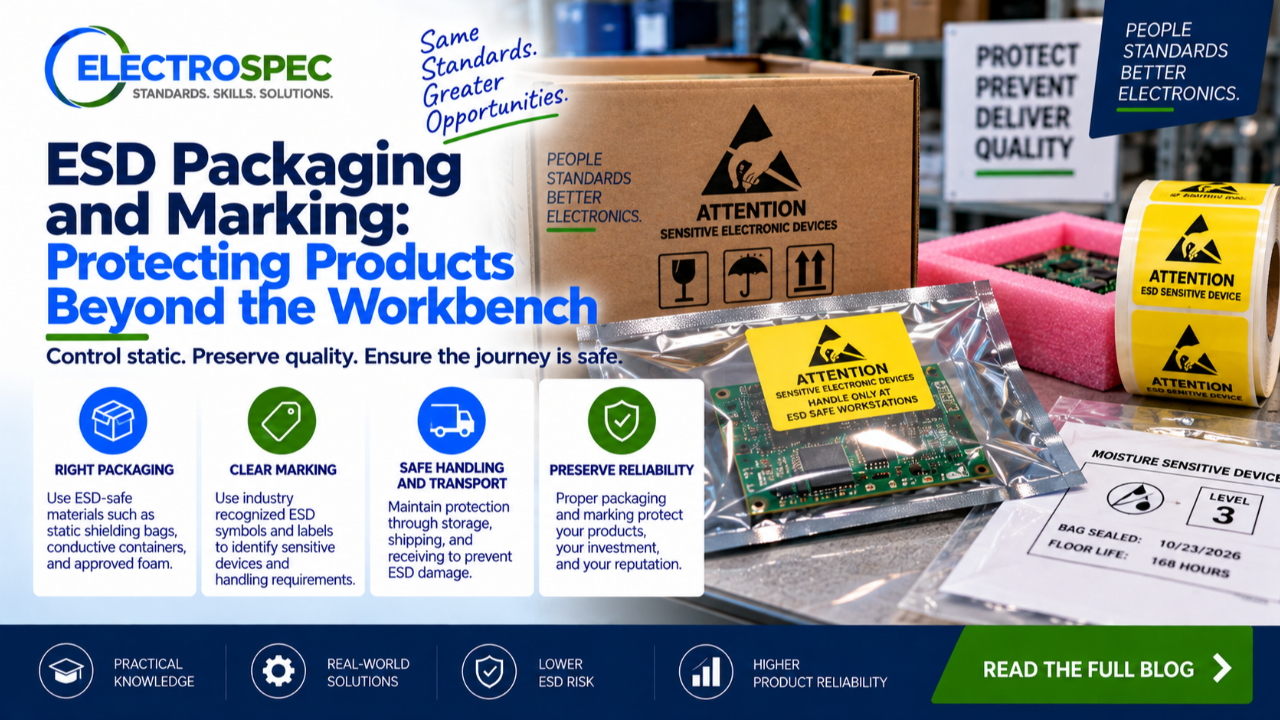 ESD packaging and marking scene with shielding bags, labels, trays, protected circuit boards, kitting area, storage shelves, and ESD handling checklist
