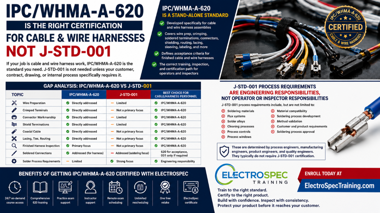 IPC/WHMA-A-620 certification training for cable and wire harness operators, inspectors, manufacturers, and quality teams.