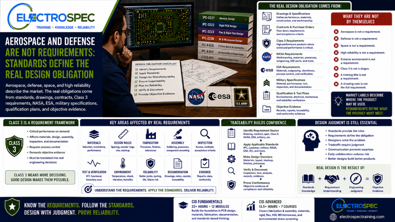 PCB designer reviewing aerospace and defense design requirements including Class 3, NASA, ESA, military specifications, customer flow-downs, environmental qualification, and standards traceability