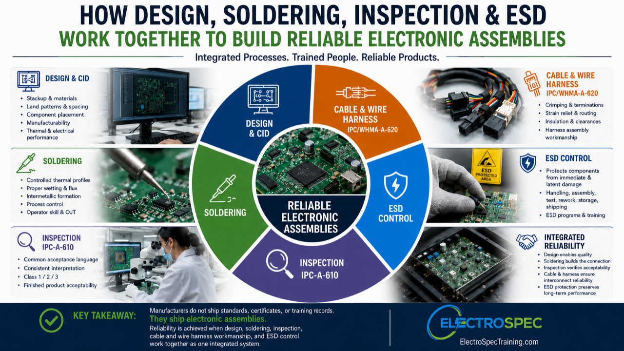 Design, soldering, IPC-A-610 inspection, IPC/WHMA-A-620 cable and wire harness workmanship, and ESD control working together to build reliable electronic assemblies.