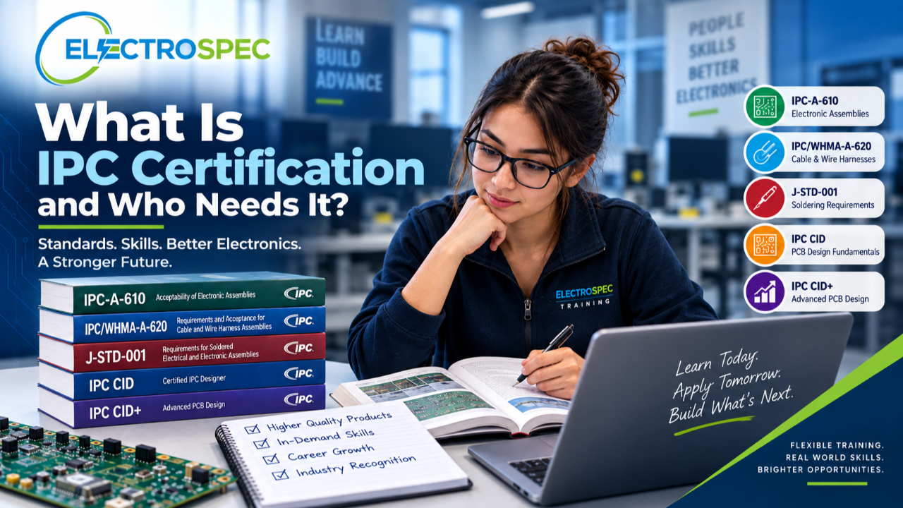 Electronics manufacturing student reviewing IPC certification options including IPC-A-610, IPC/WHMA-A-620, CIS, CIT, CID, CID Plus, online training, and testing preparation