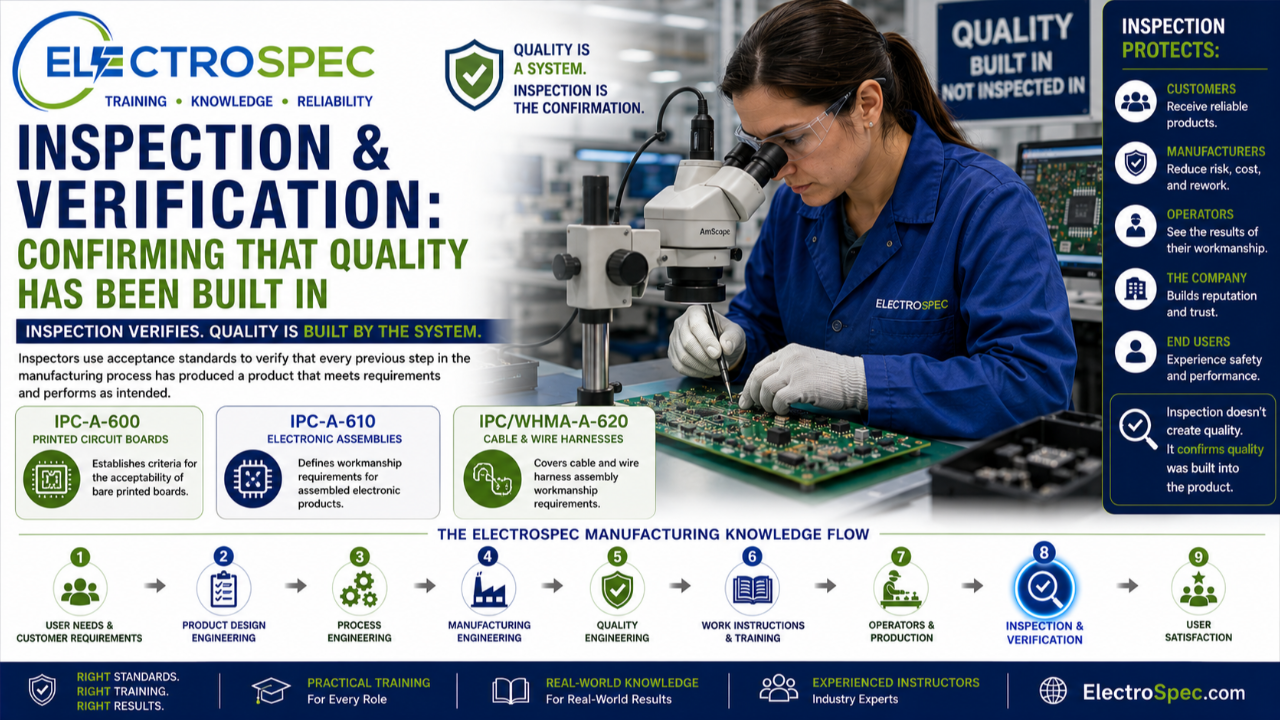 Electronics inspector examining a high-reliability printed circuit assembly using IPC acceptance standards.