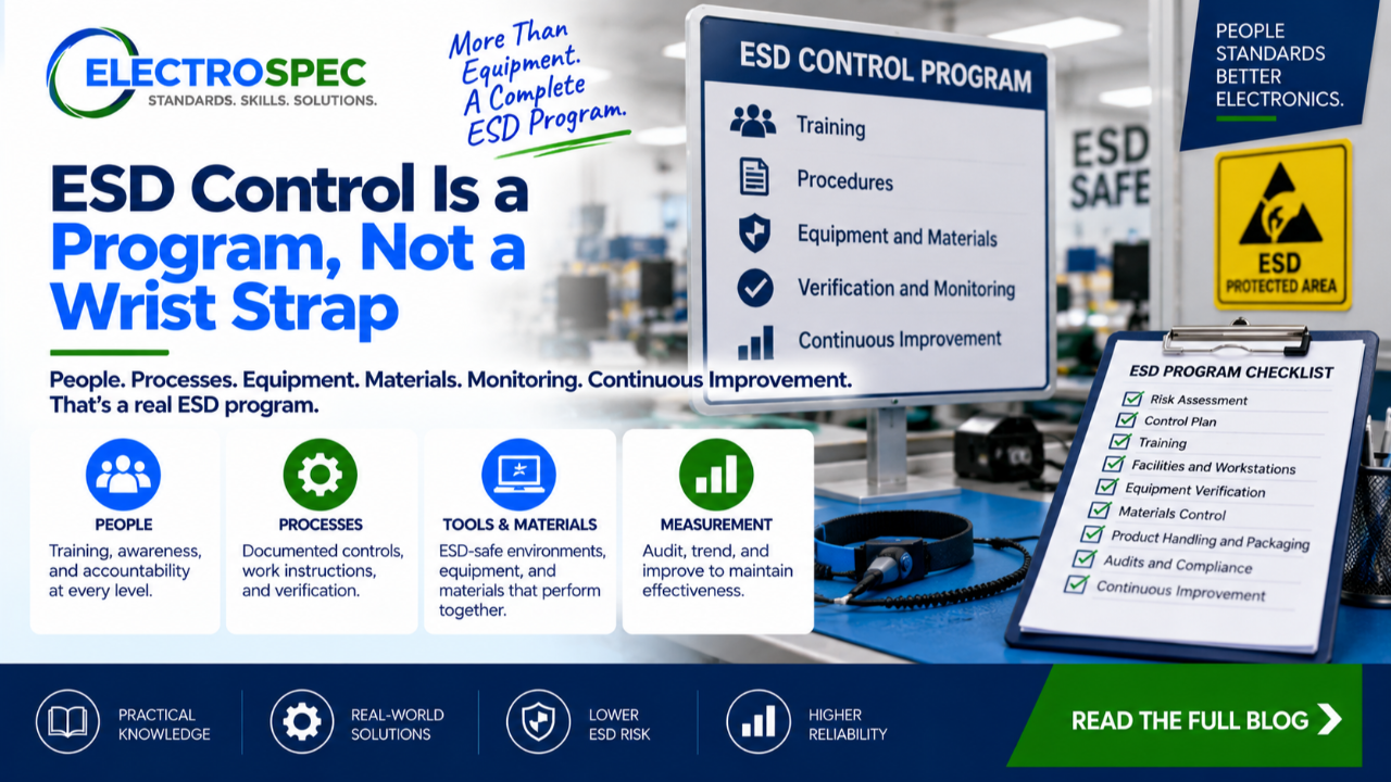 Complete ESD control program infographic showing wrist strap, grounding, materials, ionization, packaging, verification, training, records, and program management