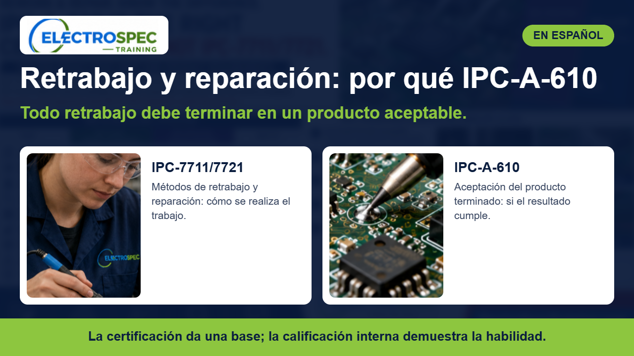 Técnico realizando retrabajo de soldadura en una tarjeta electrónica