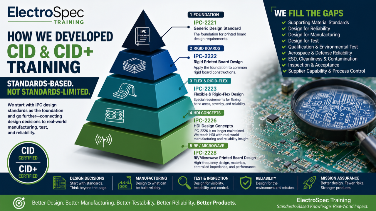 ElectroSpec CID and CID+ PCB design training built around IPC-2221, IPC-2222, IPC-2223, IPC-2228, material standards, aerospace reliability, design for manufacturing, and design for test.