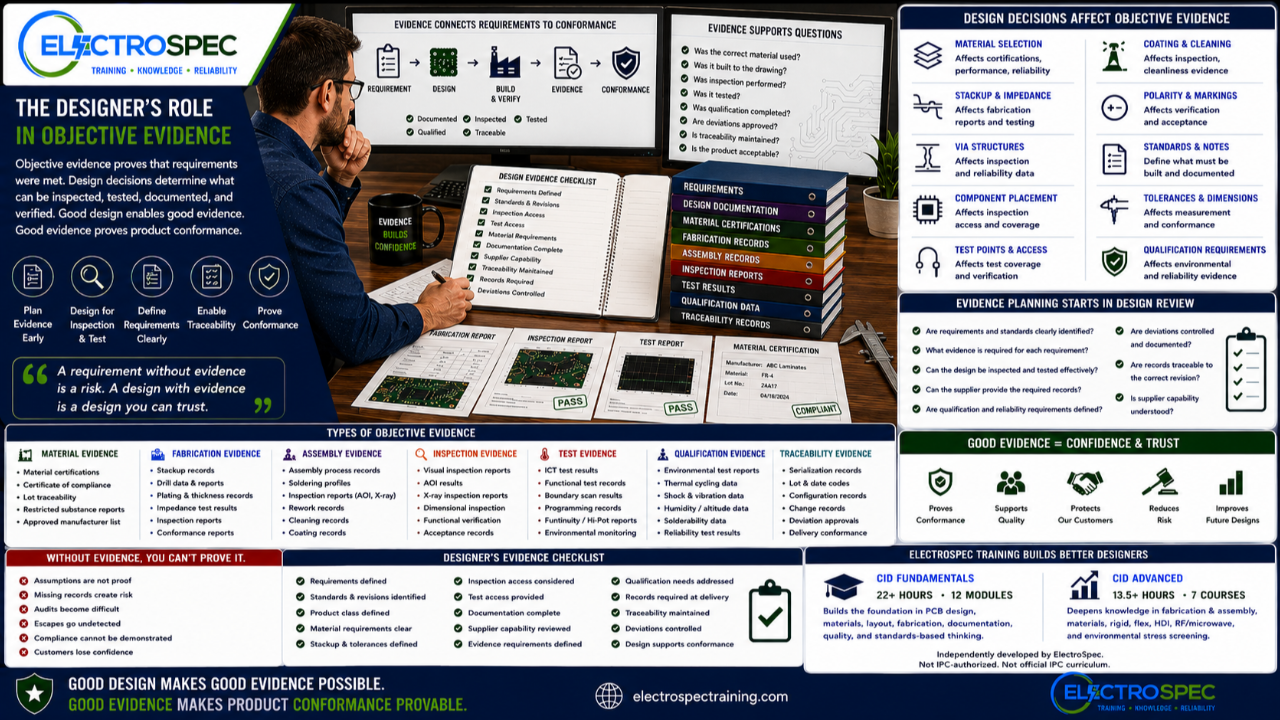 PCB designer reviewing objective evidence including drawings, material certifications, fabrication records, inspection reports, test results, qualification data, and traceability records