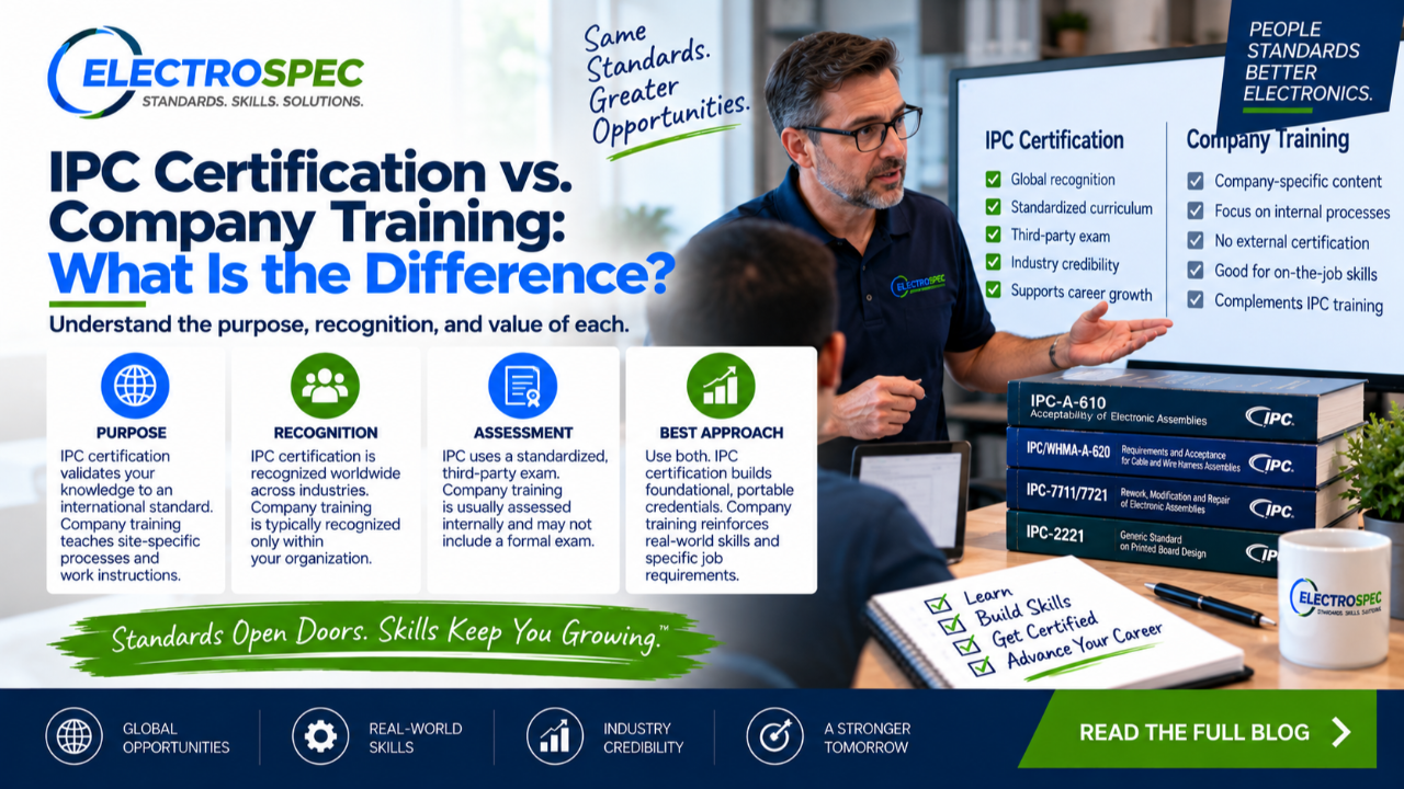 Electronics manufacturing team comparing IPC certification with company training, work instructions, equipment procedures, customer requirements, and product qualification