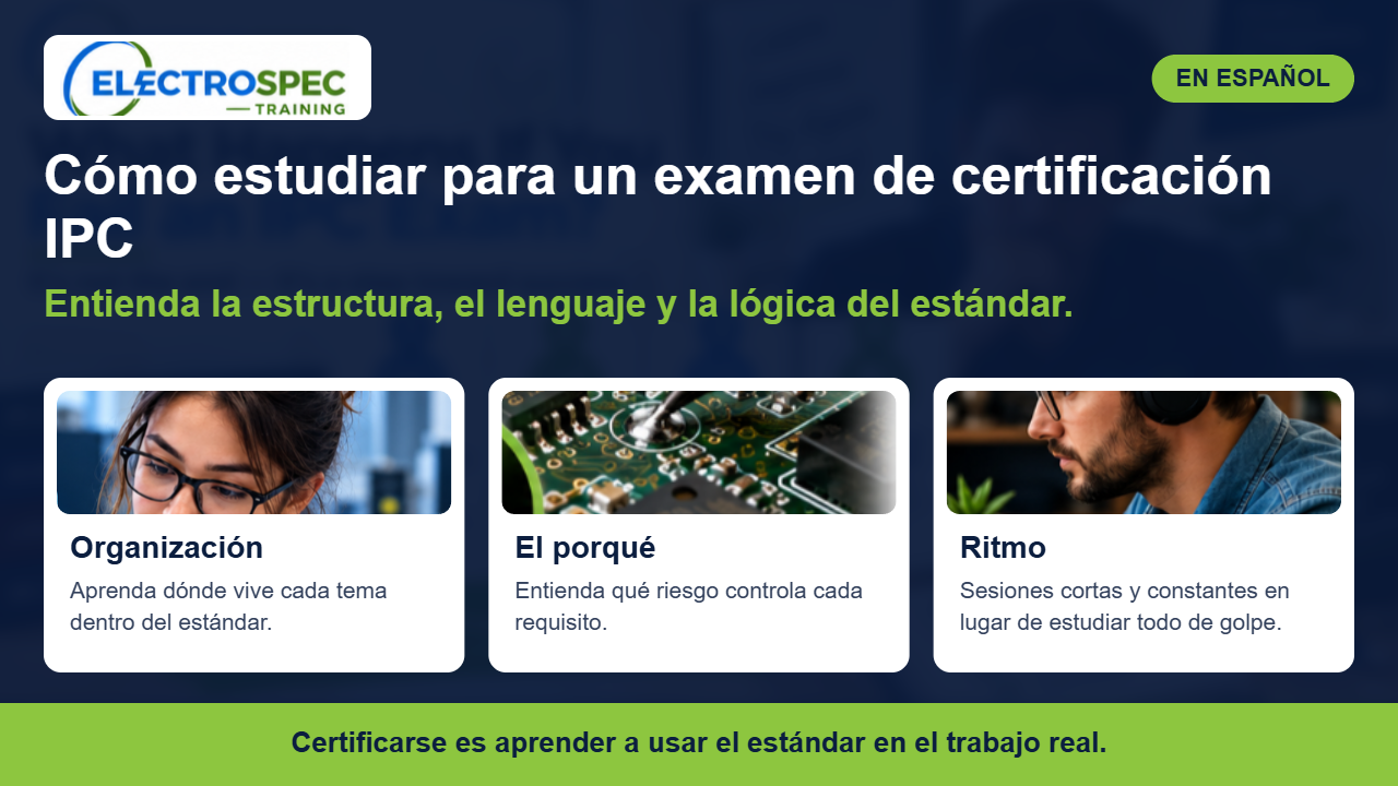 Técnico estudiando el estándar IPC con notas y una computadora portátil