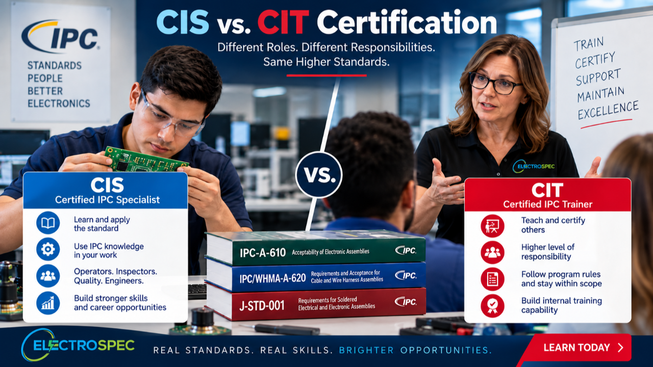 Electronics student comparing CIS and CIT certification paths for IPC training, standards knowledge, instructor responsibilities, exam preparation, and career development