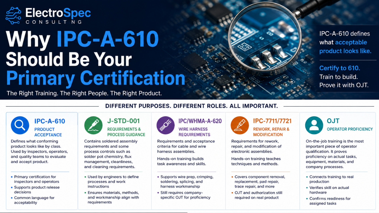 IPC-A-610 certification training for inspectors, operators, and production quality teams in electronics manufacturing.