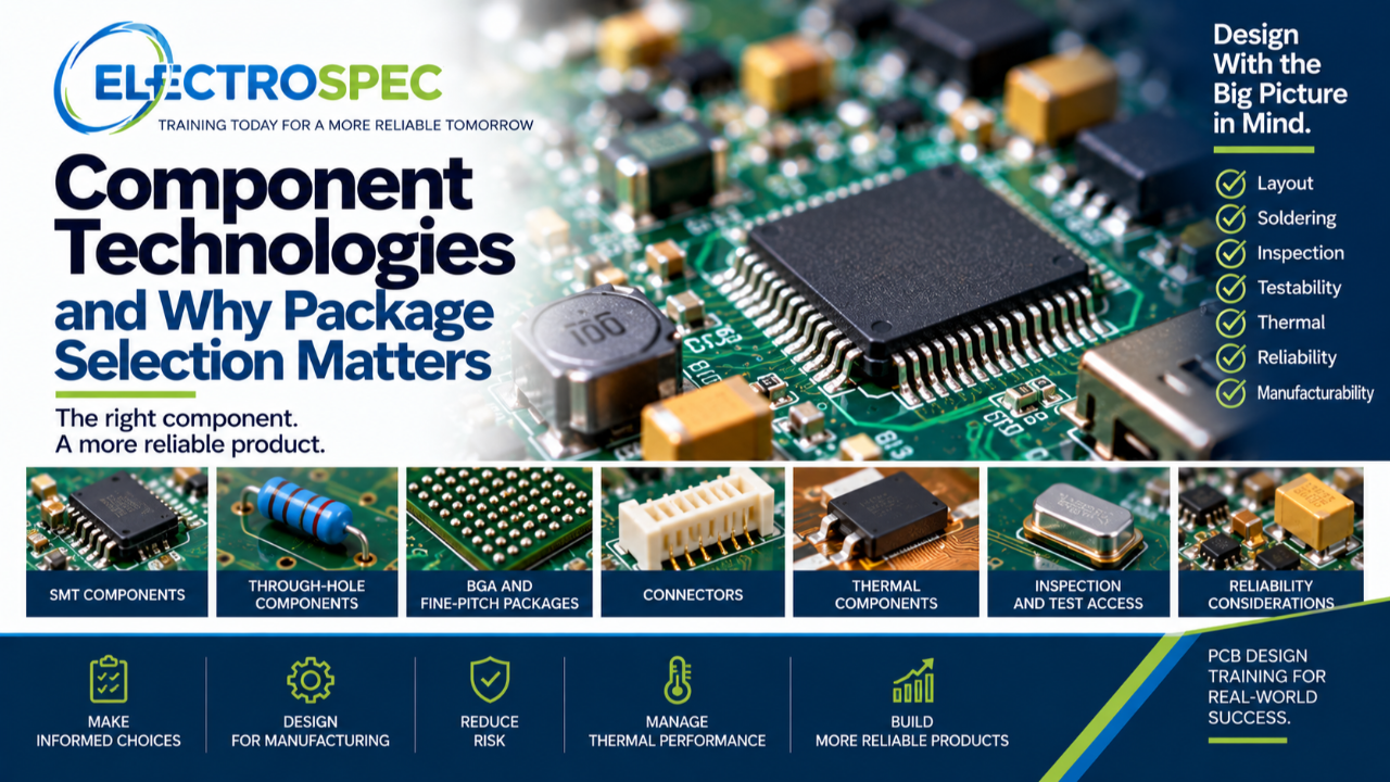 PCB designer reviewing component technologies and package selection including SMT, through-hole, BGAs, connectors, thermal parts, inspection access, and reliability