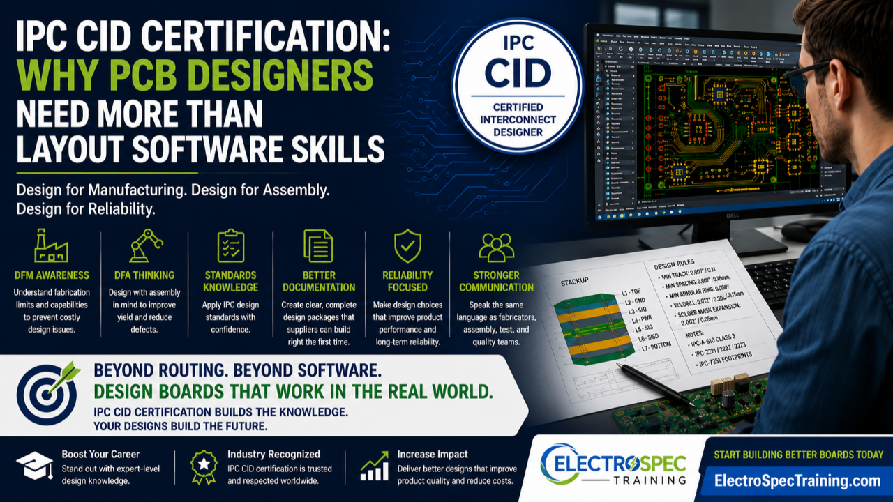PCB designer reviewing circuit board layout, design rules, fabrication requirements, and IPC CID certification training concepts.