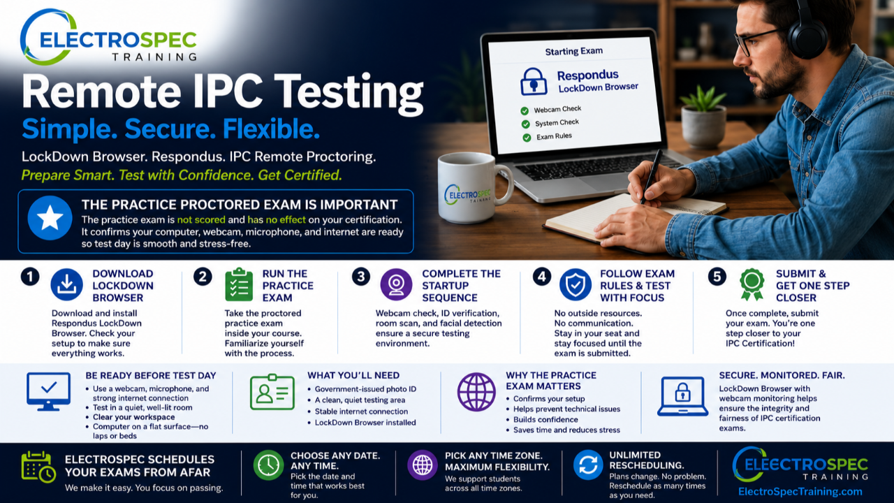 Remote IPC testing with Respondus LockDown Browser, practice exam setup, and flexible scheduling through ElectroSpec Training.