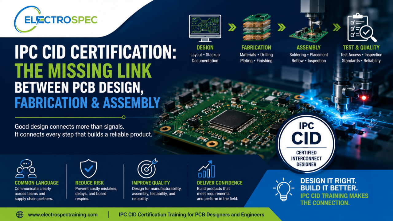 ElectroSpec Training blog image showing PCB design, fabrication, and assembly connected through IPC CID certification and standards-based design training.