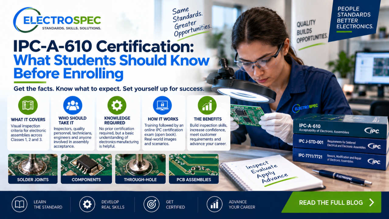 Student reviewing IPC-A-610 certification topics including electronic assembly acceptability, inspection criteria, product classes, solder joints, components, and quality requirements