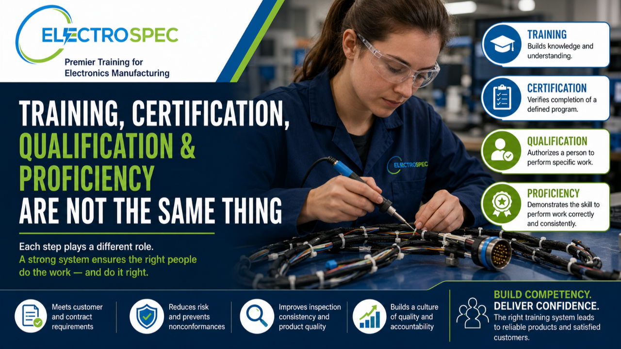 Electronics manufacturing technician demonstrating workmanship proficiency while training and qualification records are reviewed