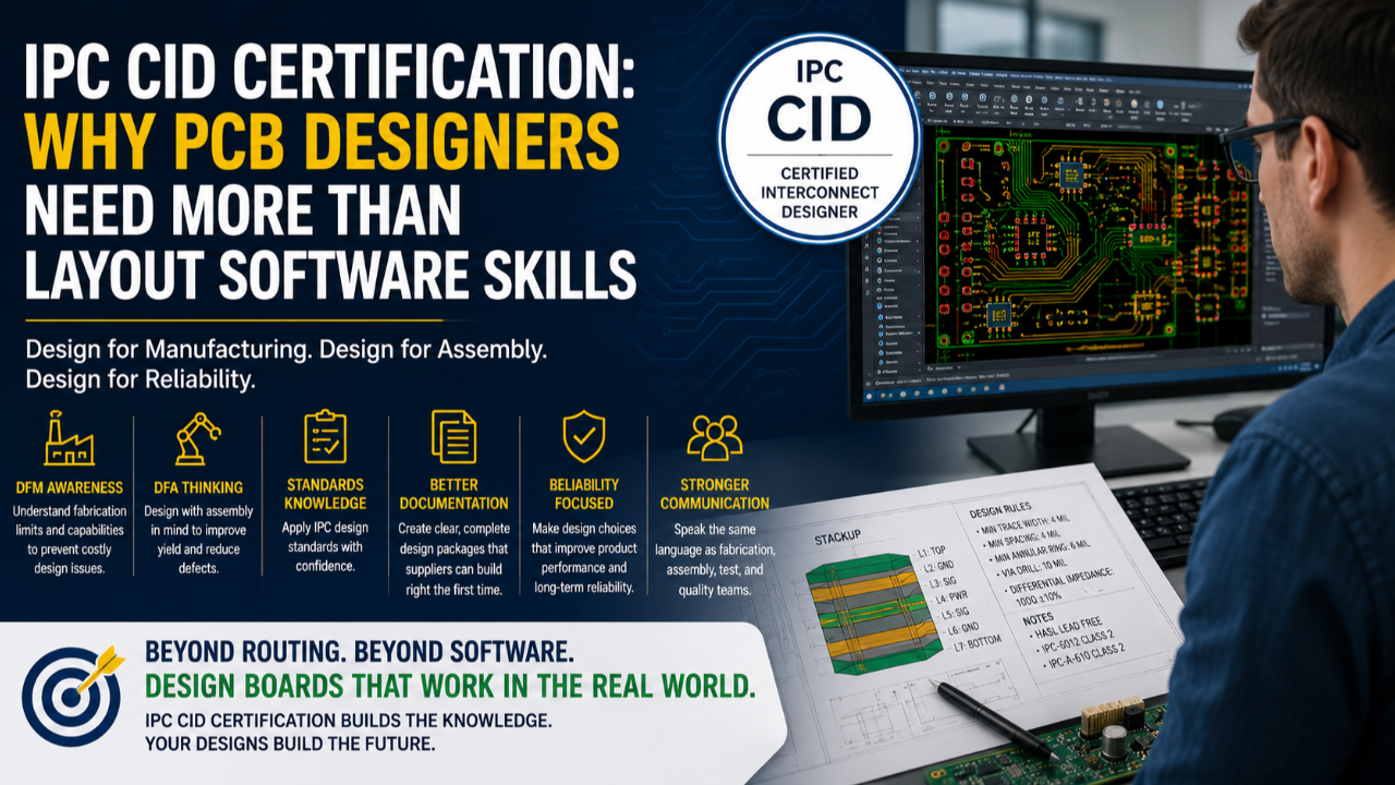 PCB designer reviewing circuit board layout, design rules, fabrication requirements, and IPC CID certification training concepts.