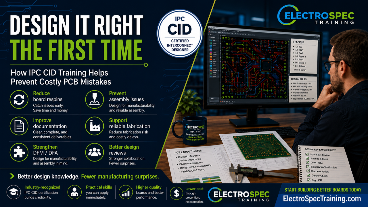 ElectroSpec Training blog image showing PCB designer reviewing board layout, stackup, design rules, and IPC CID training concepts to prevent costly PCB mistakes.