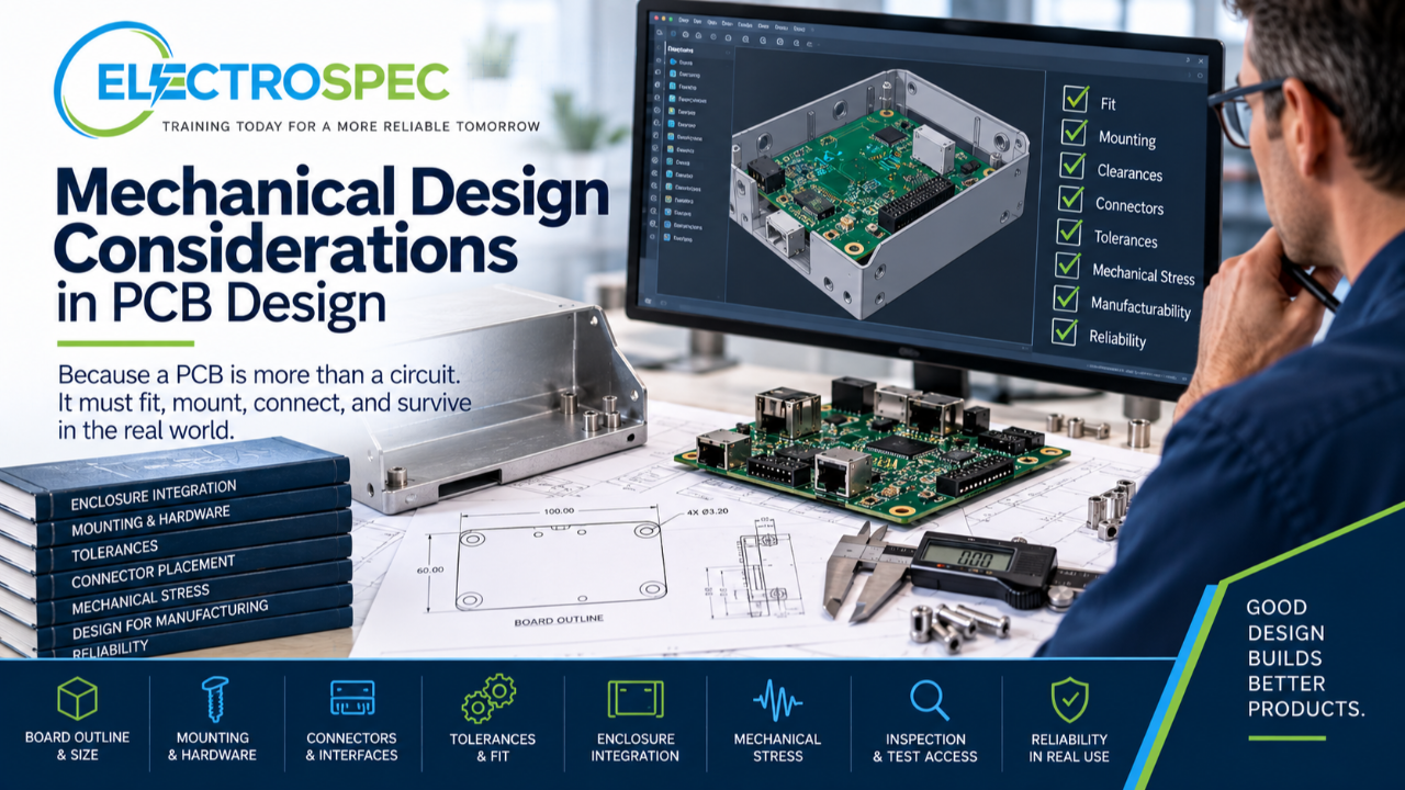 PCB designer reviewing mechanical PCB design considerations including board outline, mounting holes, enclosure fit, connector placement, tolerances, hardware, mechanical stress, and inspection access