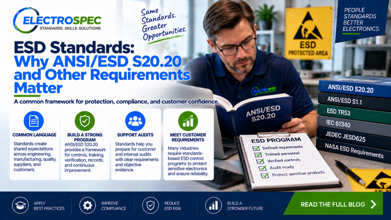 ESD program manager reviewing ANSI ESD S20.20 requirements, audit records, protected workstation controls, standards books, and electronics manufacturing documentation