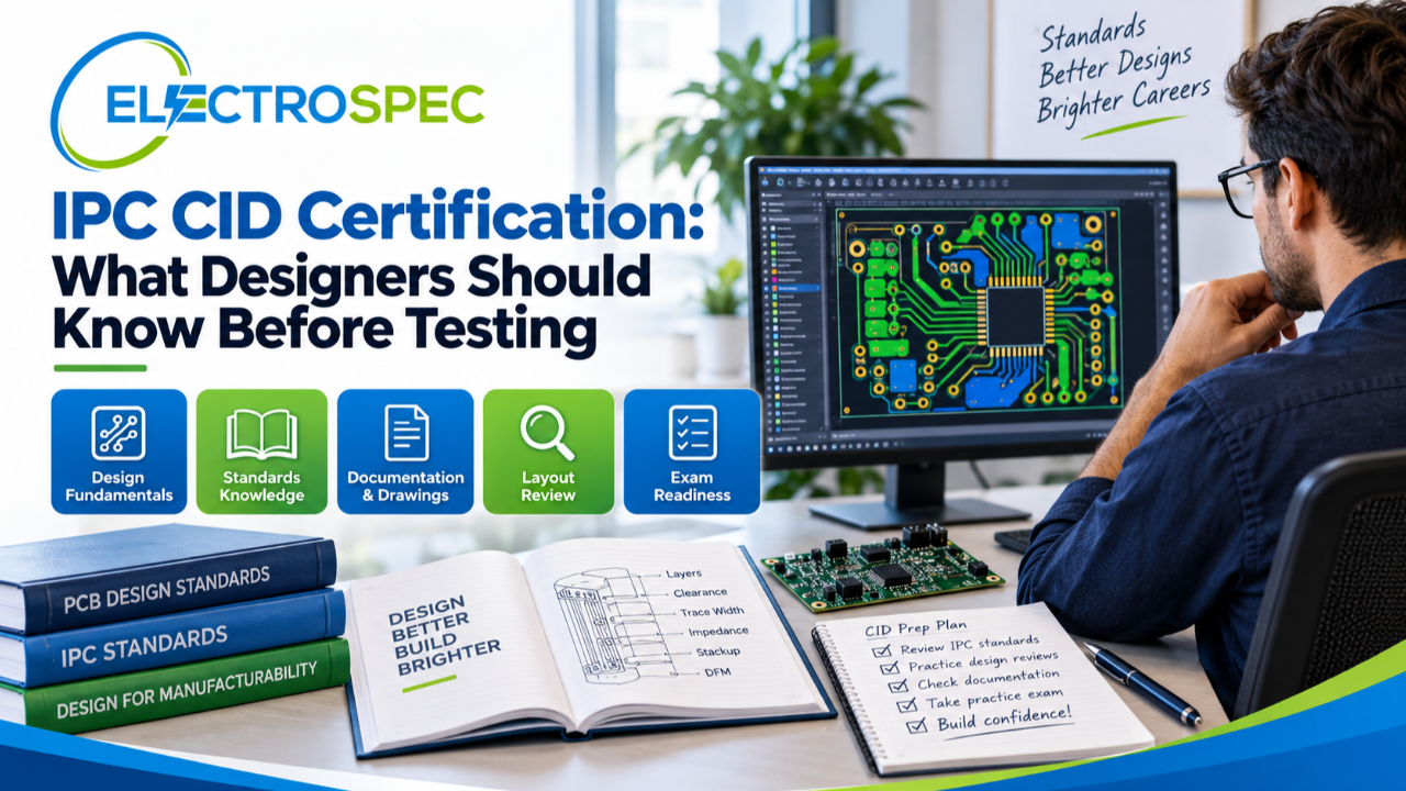 PCB designer preparing for IPC CID certification with design standards, PCB materials, layout, fabrication requirements, documentation, quality assurance, and online training