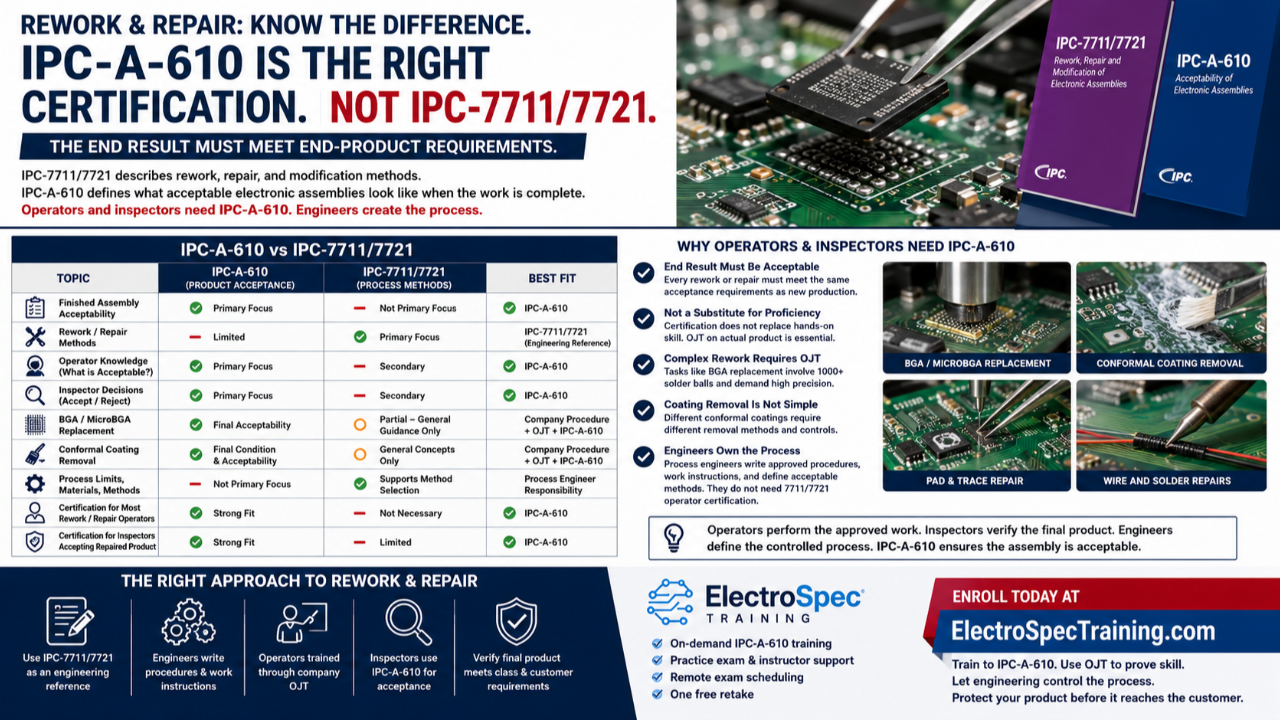 IPC-A-610 certification for rework and repair operators and inspectors, showing final product acceptance after rework, repair, BGA replacement, and conformal coating removal.