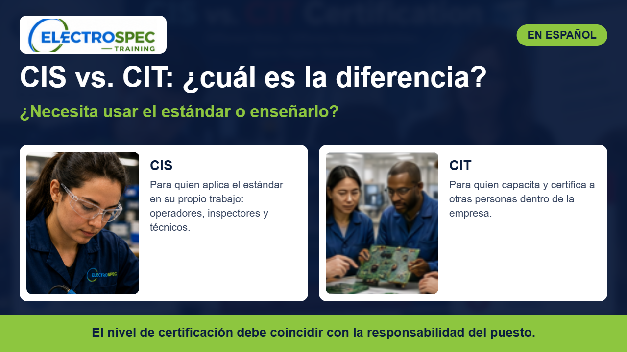 Instructor IPC capacitando a un grupo de técnicos en una planta de electrónica