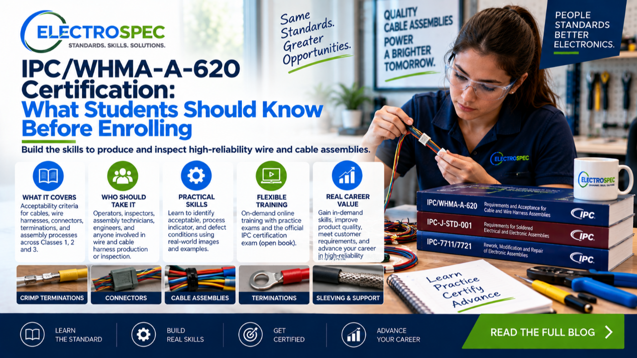 Student reviewing IPC/WHMA-A-620 certification topics including cable harness acceptability, wire preparation, crimps, soldered terminations, connectors, inspection, and quality