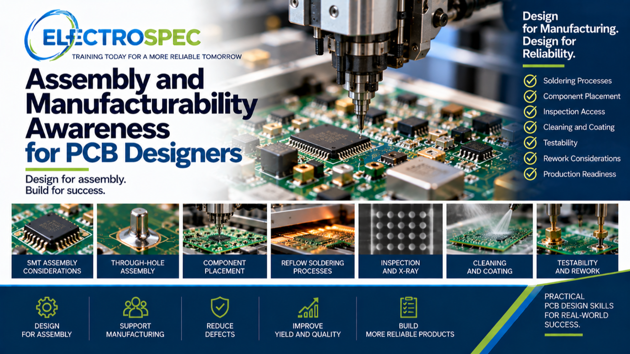PCB designer reviewing assembly and manufacturability considerations including SMT, through-hole soldering, inspection access, cleaning, coating, test points, rework, and reliability