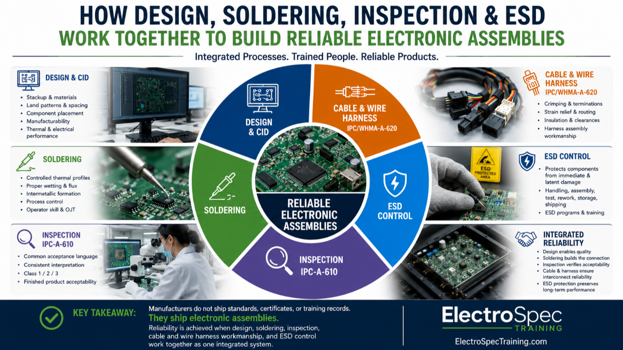 Design, soldering, IPC-A-610 inspection, IPC/WHMA-A-620 cable and wire harness workmanship, and ESD control working together to build reliable electronic assemblies.