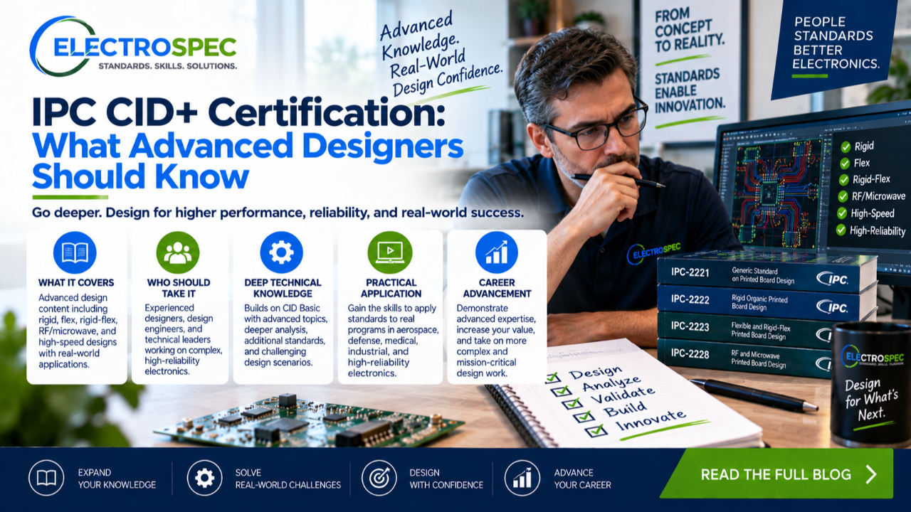 Advanced PCB designer preparing for IPC CID Plus certification with rigid PCB design, flex design, HDI, RF microwave design, materials, fabrication, assembly, and ESS training