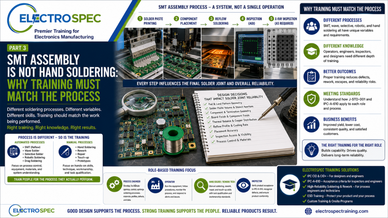 SMT assembly process showing solder paste printing, component placement, reflow soldering, and inspection for electronics manufacturing