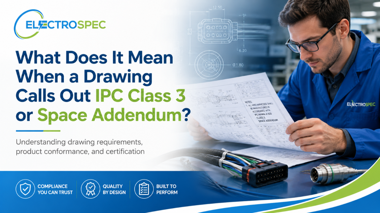 Engineer reviewing IPC Class 3 and Space Addendum requirements on an electronics manufacturing drawing
