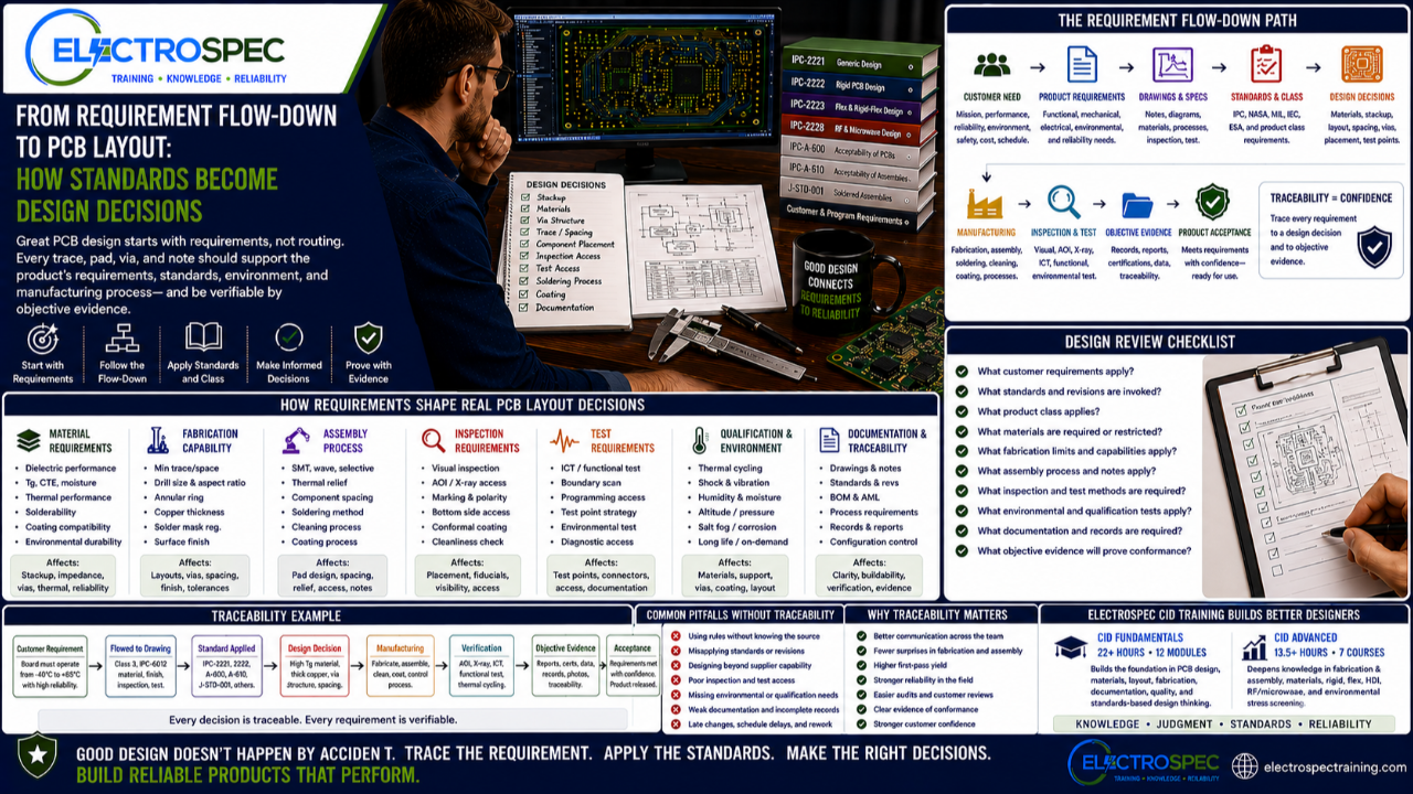 PCB designer tracing customer requirements, standards, product class, materials, fabrication limits, assembly needs, inspection access, and qualification plans into PCB layout decisions