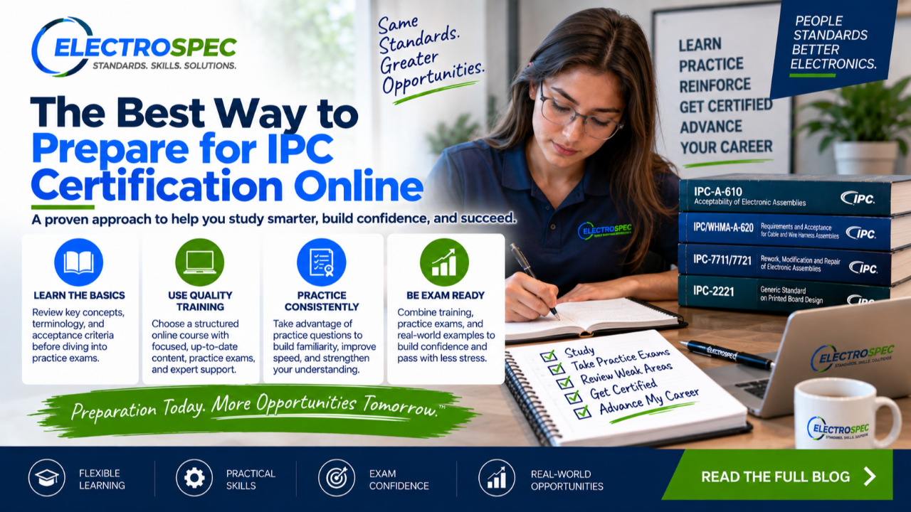 Student preparing for IPC certification online with on-demand training, standards, practice questions, remote testing setup, webcam, exam checklist, and ElectroSpec course options