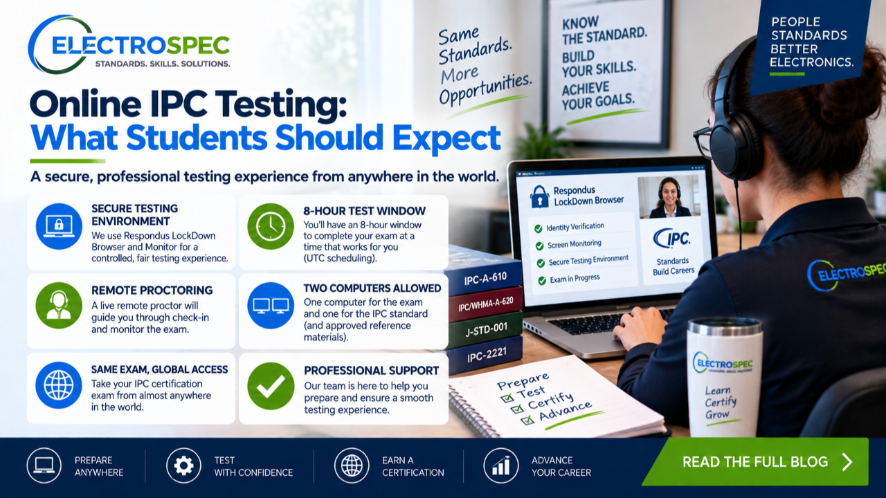 Student preparing for online IPC testing with laptop, webcam, microphone, LockDown Browser, quiet room, exam checklist, standards, and certification portal