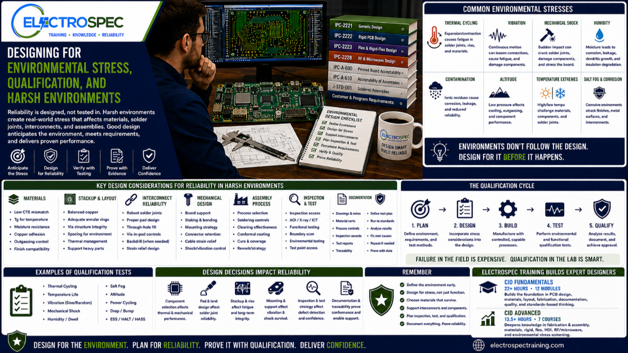 PCB designer reviewing environmental stress requirements including shock, vibration, thermal cycling, humidity, contamination, qualification testing, materials, fabrication, assembly, and reliability