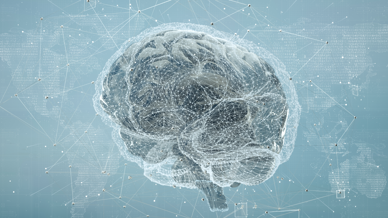 Illustration of a human brain surrounded by interconnected neural pathways and digital networks, representing cognitive flexibility, adaptive thinking, creativity, and psychologically informed coaching approaches.