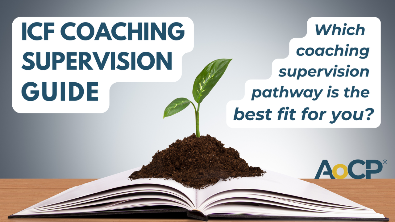 ICF Coaching Supervision Guide cover featuring a young plant growing from an open book with the question, "Which coaching supervision pathway is the best fit for you?"