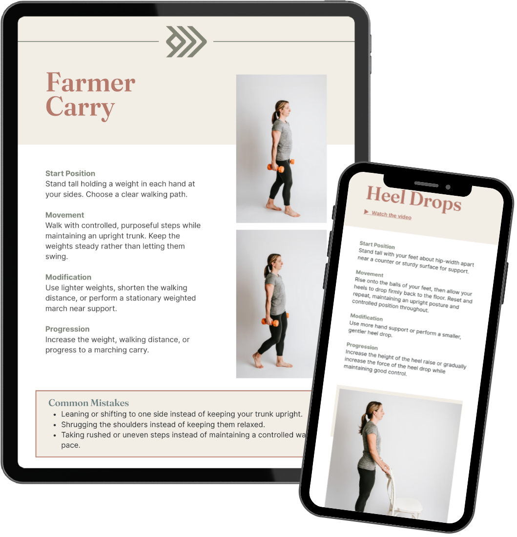 Pages from the 38-page Build Stronger Bones guide shown on a tablet and phone, including the Farmer Carry and Heel Drops exercises