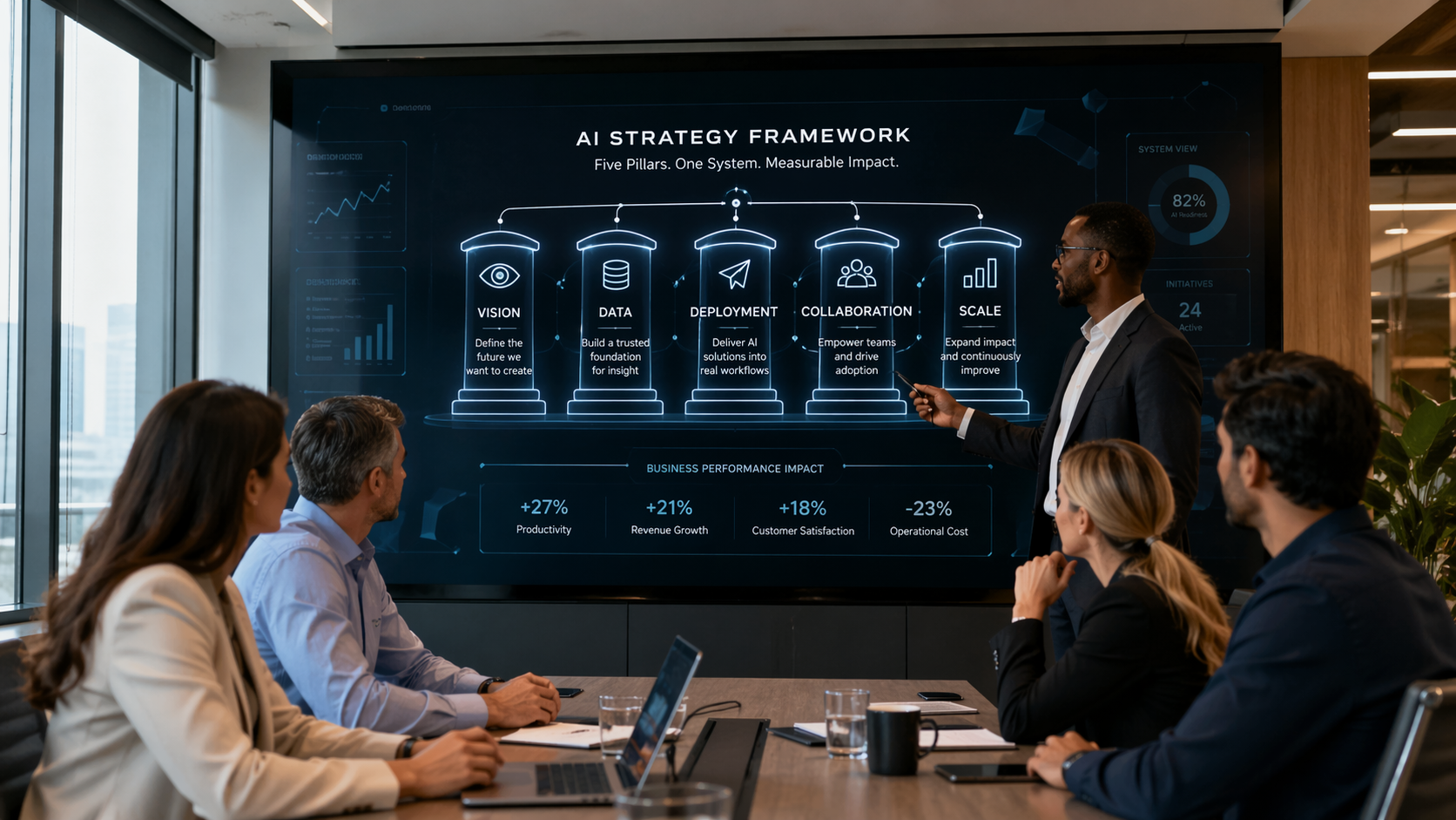 Executive team reviewing a structured AI system framework with five pillars connected to business performance outcomes.