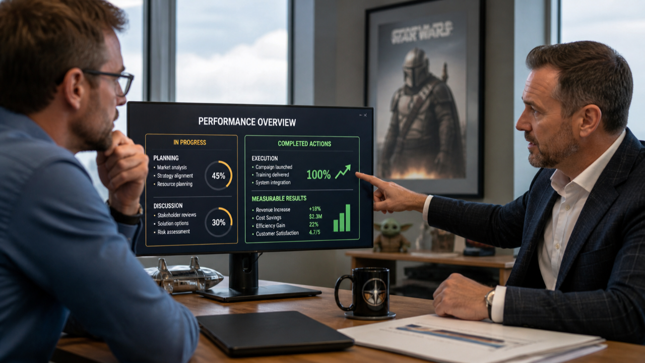Executive reviewing completed tasks and performance outcomes with a team member to reinforce accountability and execution.