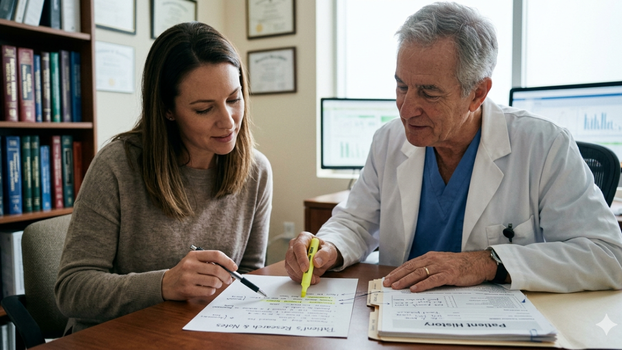 Family medicine physician at desk reviewing patient research printout
